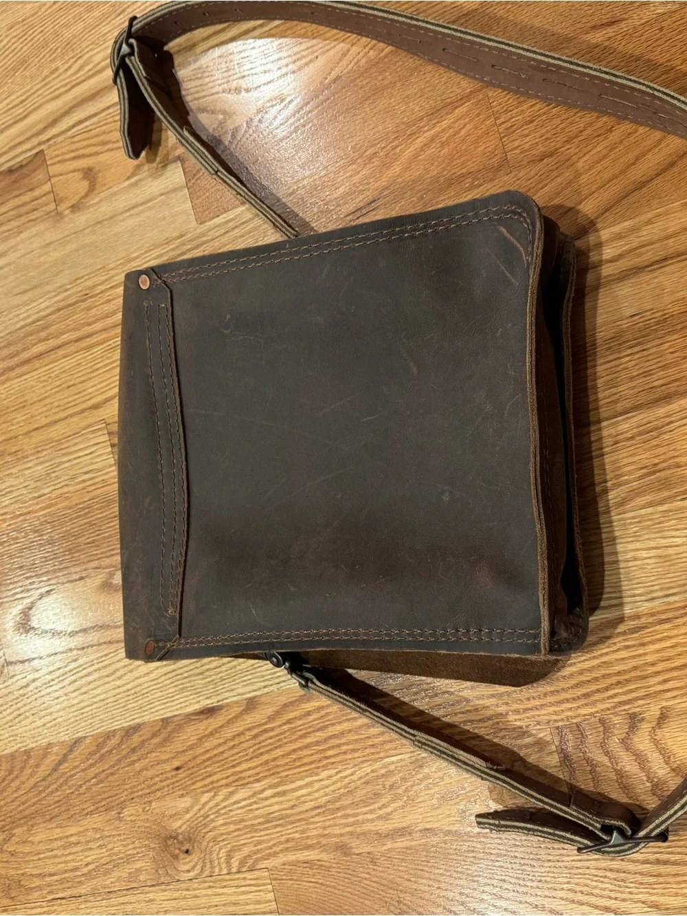 Brown Leather Crossbody Messenger Bag with American Flag Accent